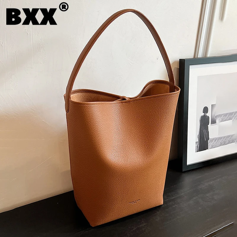 

[BXX] Large Capacity Leather Bag For Women 2023 New Fashion Simple Casual Bucket Bags Versatile Underarm Shoulder Handbag 8AB957