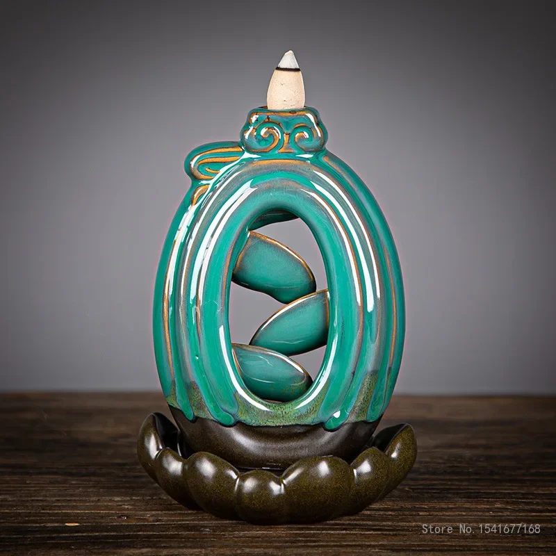 Ceramic Backflow Incense Burner, Creative Ornaments, Green Square, Round, Kiln Variable Decoration Ornament, Aroma Diffuser, 1Pc