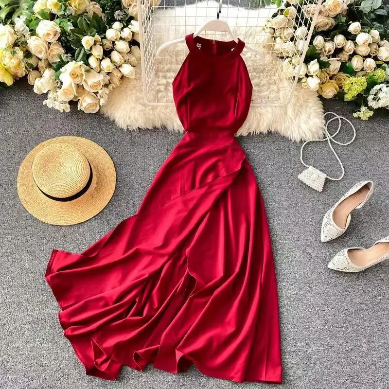 

Summer Spring Elegant Halter Solid Sleeveless Women Female A-line Dress Sexy Halter Sleeveless Bohemian Split Vintage Dresses