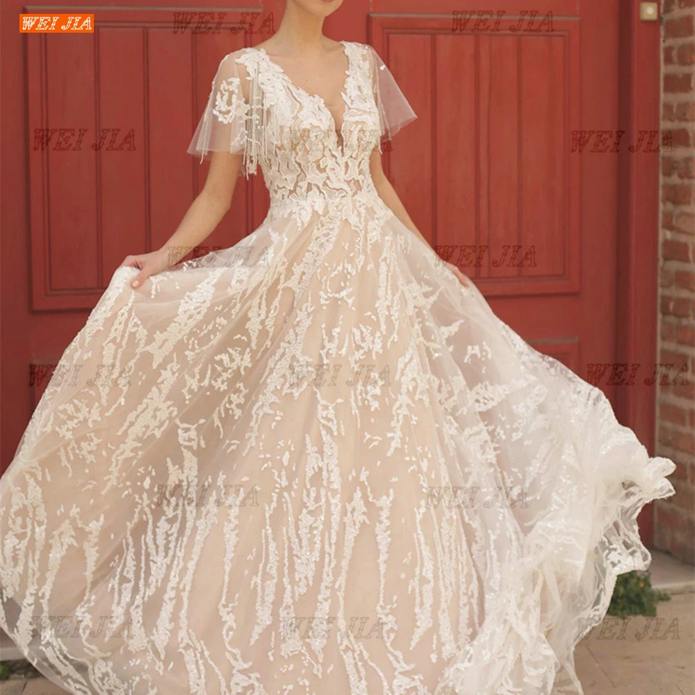 Elegant Wedding Dresses V Neck Cap Sleeves Vestido De Noiva Lace Appliqués Bridal Dress Backless Custom Made abito da sposa modest wedding dresses