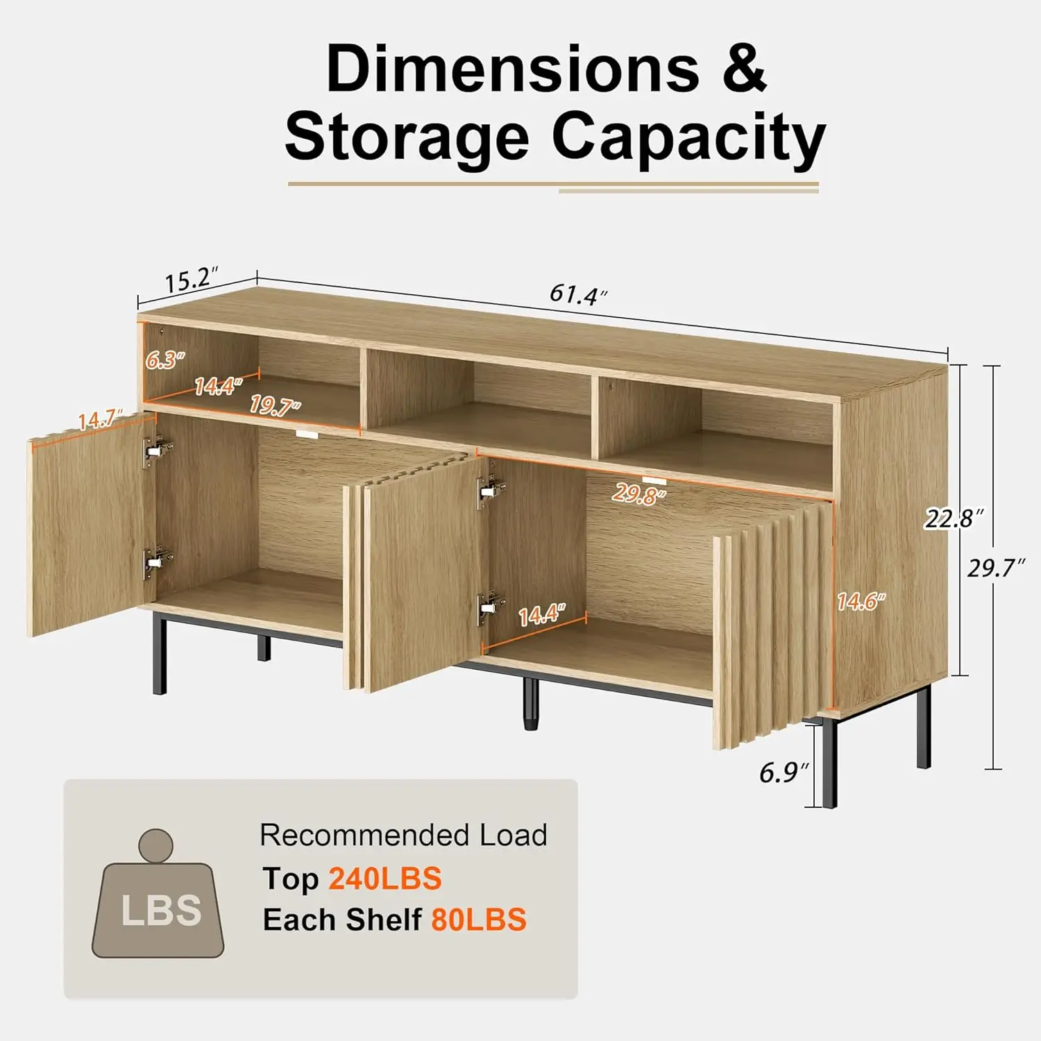 Mid Century Modern Sideboard Buffet Cabinet Storage,61.4'' Fluted Sideboard Cabinet,Buffet Cabinet Legs,Accent Credenza4 Doors