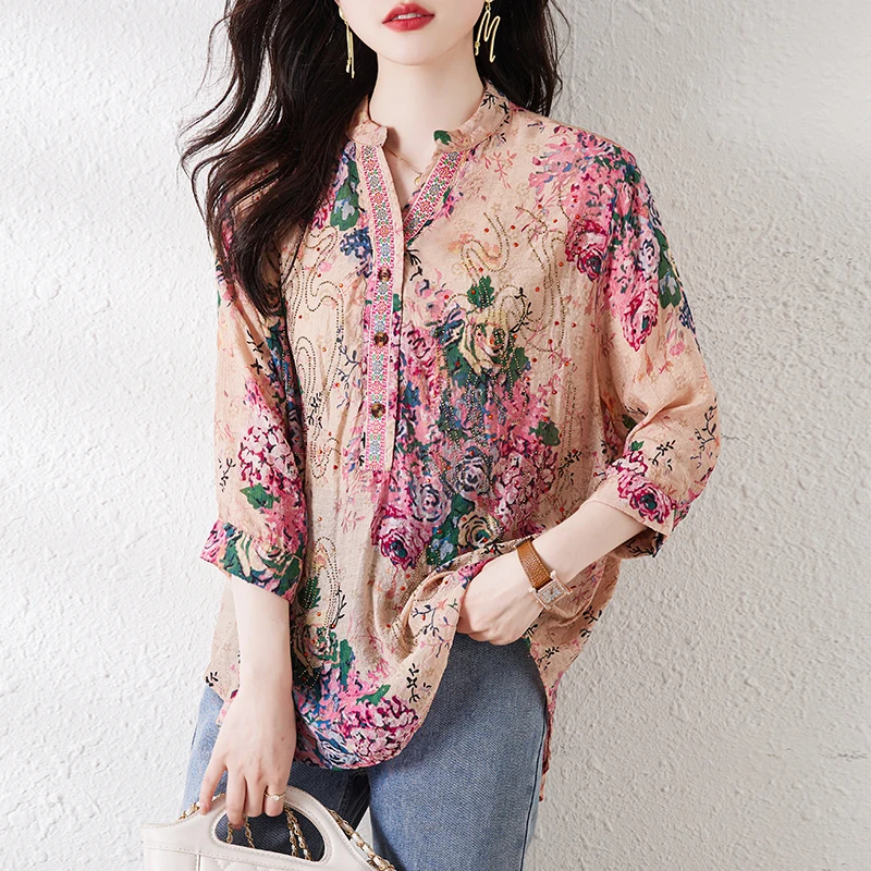 Drill Printed Chiffon Loose Summer Style Top Shirts Fashion Blouses 2023 Cheap Vintage Clothes
