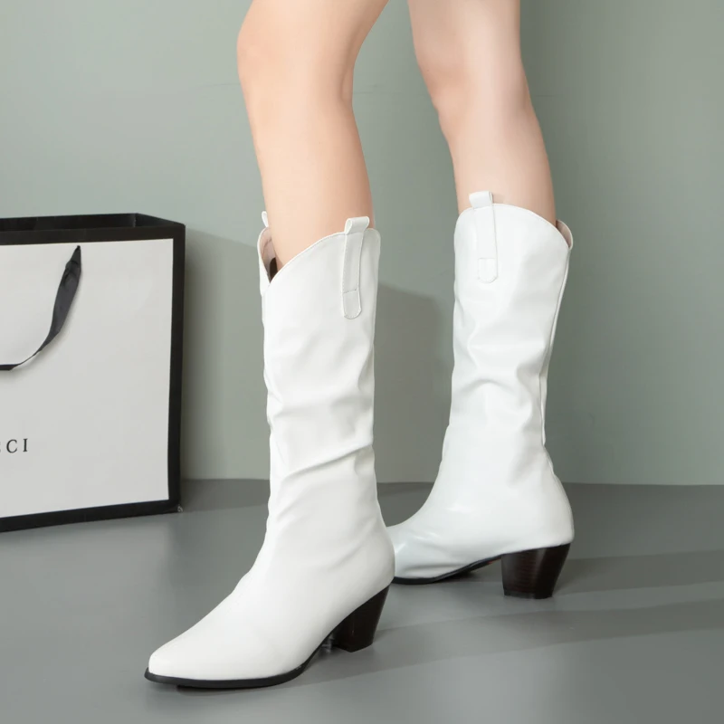 Botas de media caña mujer, botines arrugados de talla grande, tacón cónico, forro malla de costura o forro de felpa cálido, botas de caballero - AliExpress