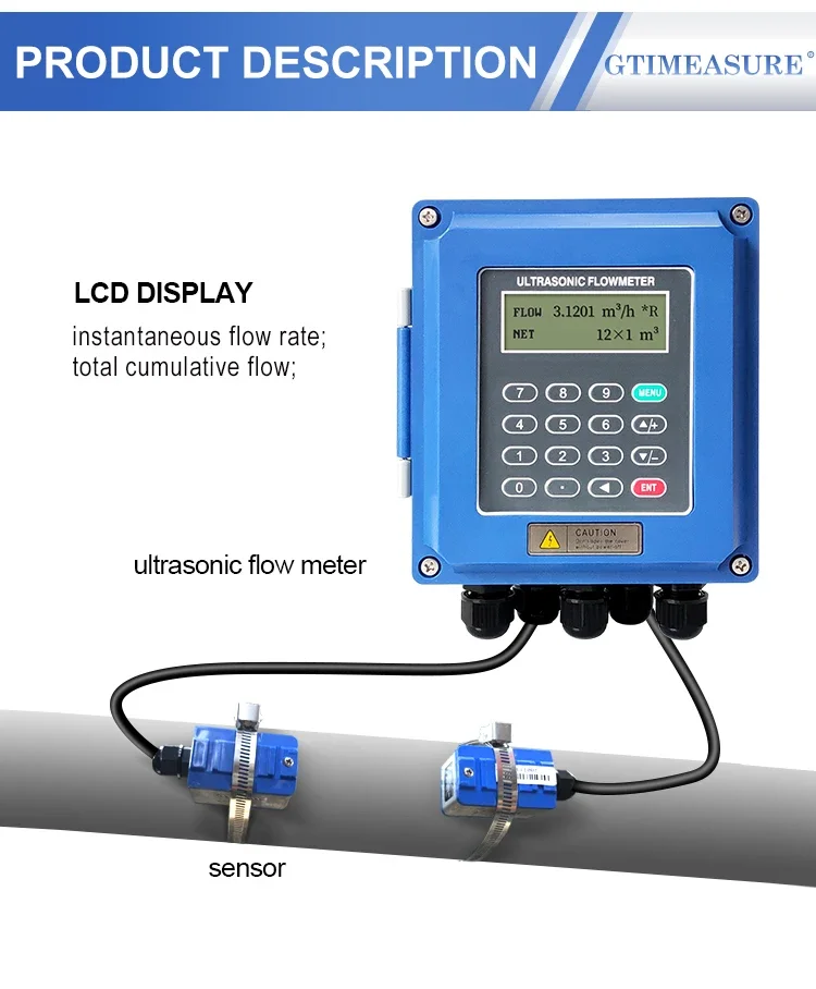 TUF-2000 Small Portable Clamp On Flow Meter LCD Display 4-20mA Ultrasonic Flow M