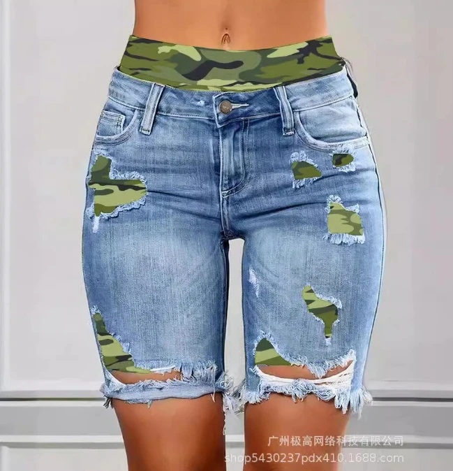 European and American women's clothing 2024 summer new women's casual tie dye printed split denim shorts