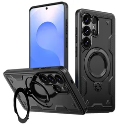 Magnetic Shockproof Phone Case with Rotating Holder and Suction Grip - Galaxy S26 Plus (Black)