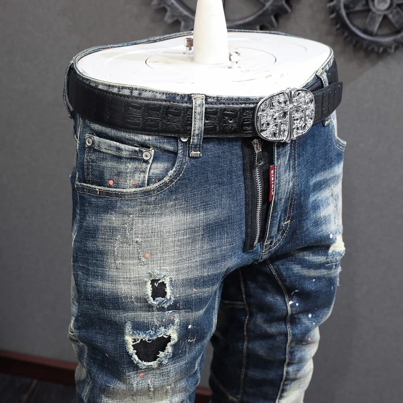 Street Fashion Men Jeans Retro Blue Elastic Stretch Slim Fit Ripped Jeans Men Spliced Designer Hip Hop Denim Biker Pants Hombre