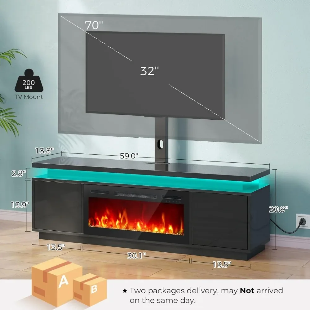 Fireplace TV Stand with Led Lights and Power Outlets, TV Stand Mount with Electric Fireplace, Black Entertainment Cent 3
