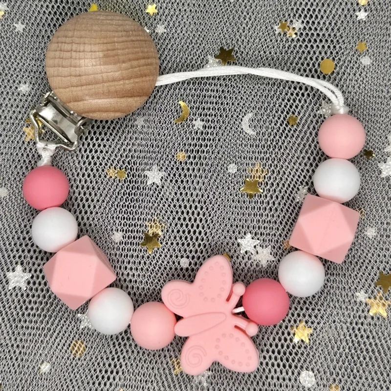 Baby Handmade Beech Dummy Pacifier Clips Silicone Beads Butterfly Chain Pacifier Chains for Baby Teething Toys Newborn Chew Gift