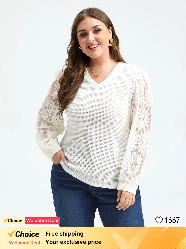 plus-size-abbigliamento-donna-pianura-scollo-a-v-manica-in-pizzo-camicetta-patchwork-bianco-elegante-ricamo-manica-lunga-primavera-top