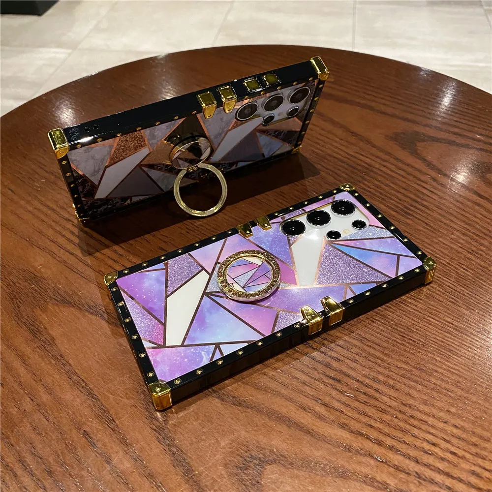 Feather Leopard Print Square Plating Fodral För Samsung Galaxy S24 S22 S21 S20 Note 20 Ultra 10 9 S23 FE A54 Ring Hållare_voghion.com