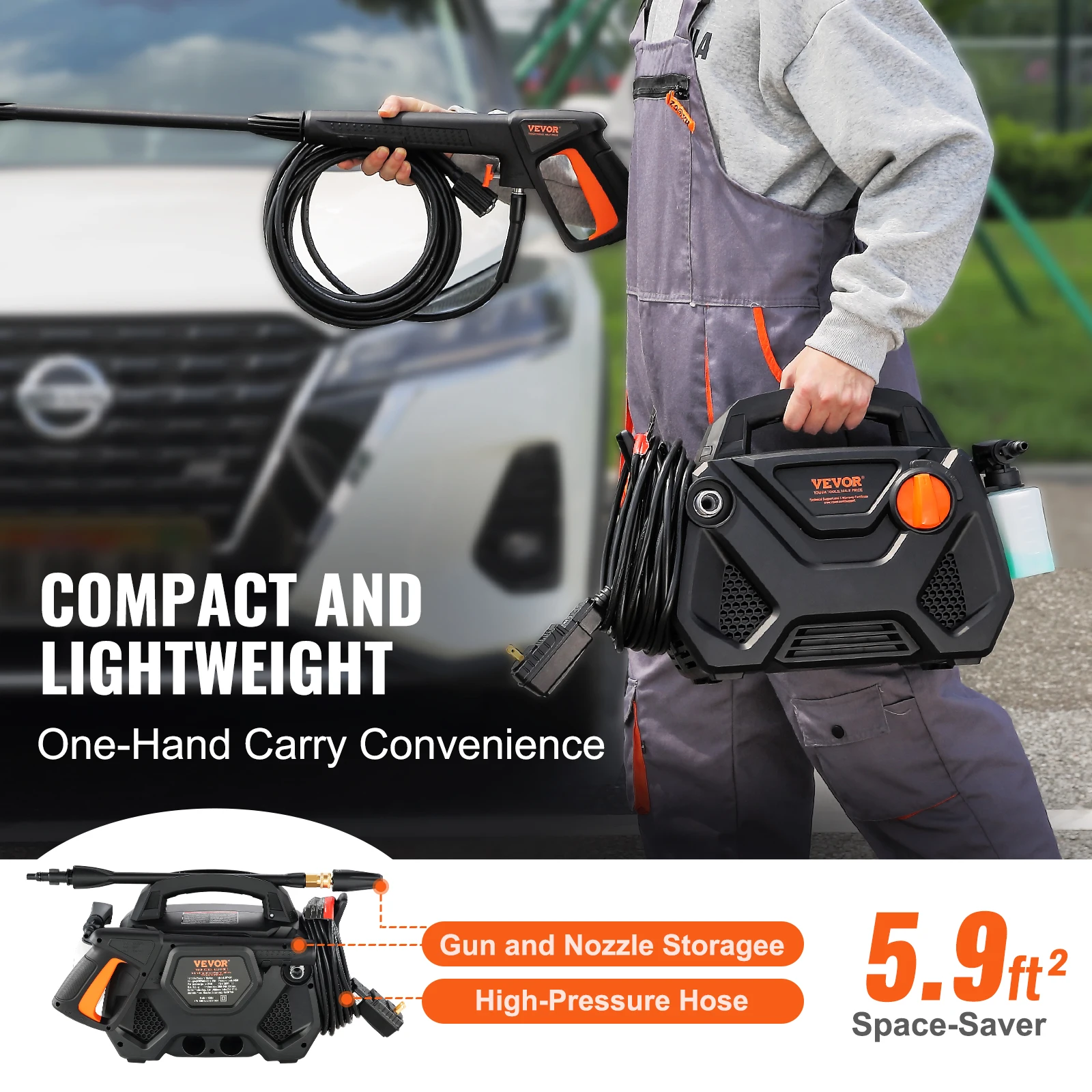 VEVOR Electric Pressure Washer 2150PSI 1.85-GPM Foam Cannon High-Pressure Portable Cleans Cars/Fences/Patios/Furniture/Floor/ 5