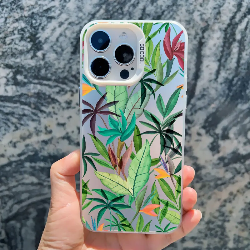 Tropical Monstera Palm Leaf & Bird Design Shockproof Phone Case with Laser Shell Finish