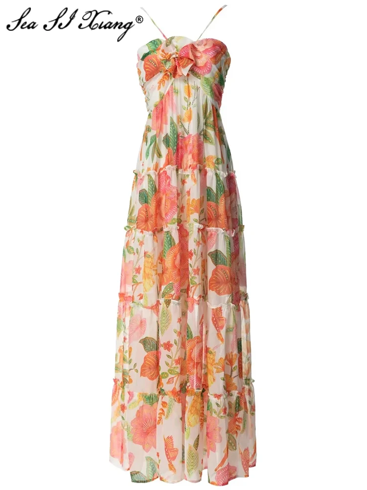 

Seasixiang Fashion Designer Summer Backless Dress Women Spaghetti Strap Sleeveless Flowers Print High Waisted Bohemian Dresses