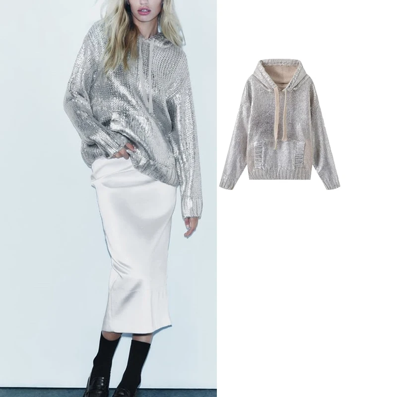 

TRAF Winter Hoodies Women Long Sleeve Knitted Hooded Sweatshirt Metal Series Coat Women Loose Streetwear Y2K Outerwear Autumn