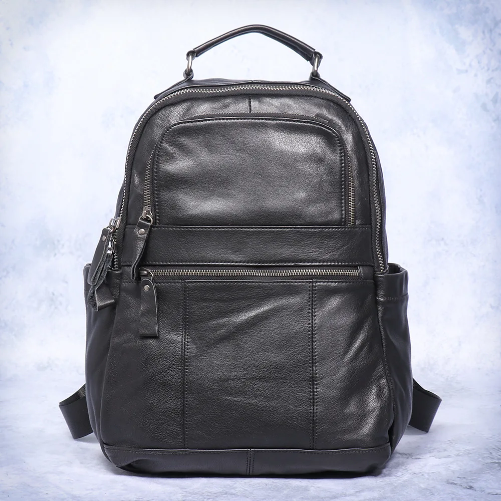 Men's Full-Grain Leather Backpack Slim Black Cowhide Laptop Bag for Office & Campus