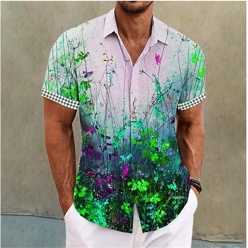 Hawaiian Summer Floral Shirt Men's Geometric Print Short Sleeved Top Oversized Seaside Holiday Casual Clothing 4XL