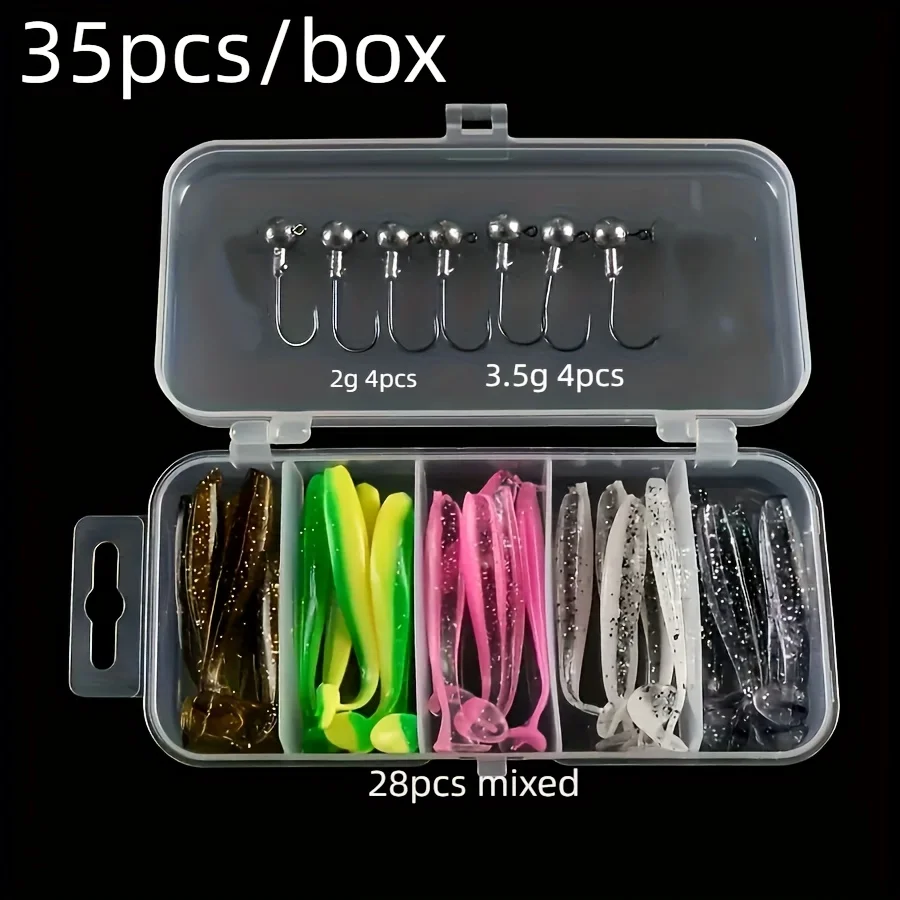 35pcs Soft Fishing Lures Kit with 10pcs Jig Head Hooks 25pcs Two-Color T Tail Colorful Silicone Soft Plastic Fishing Tackle