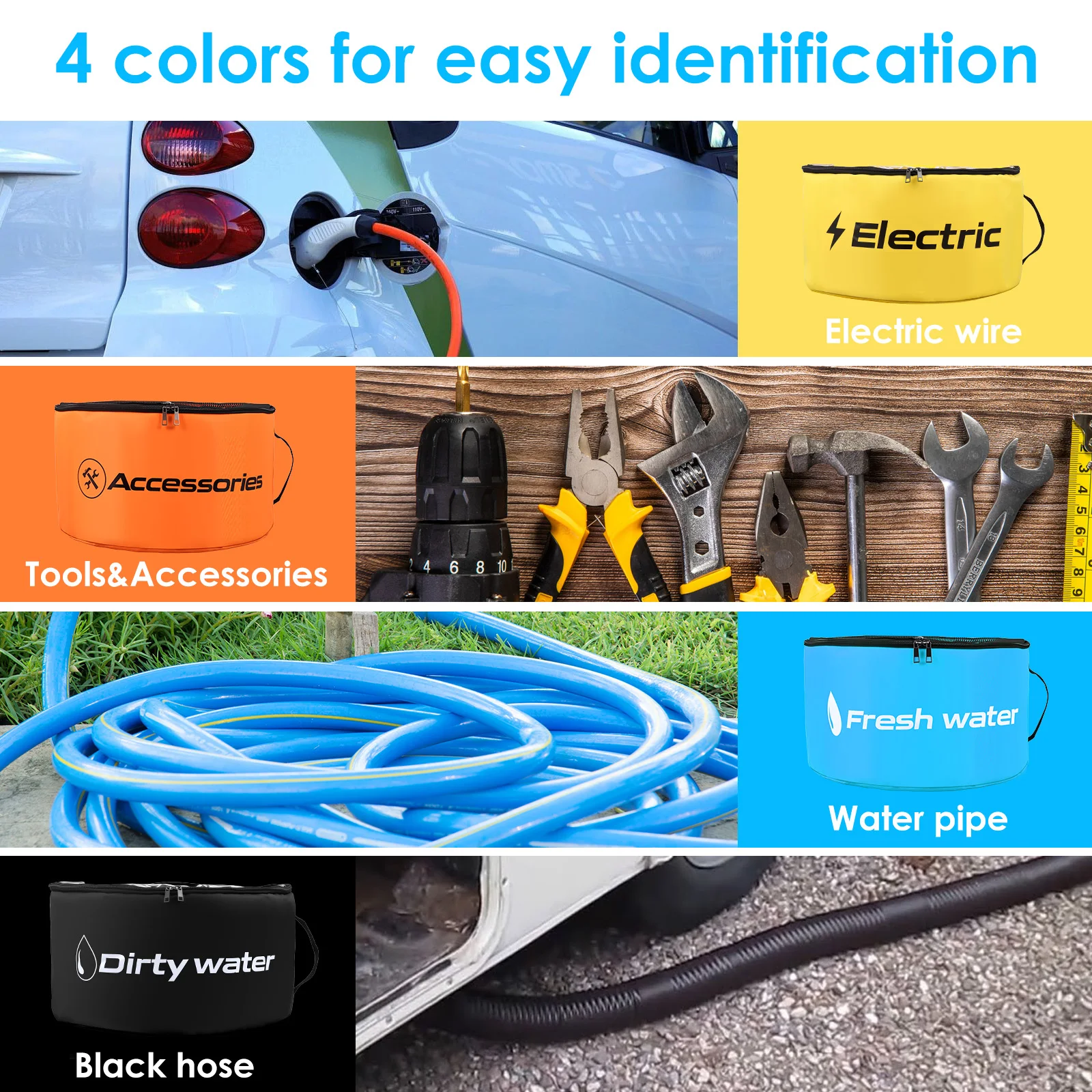 4 Pcs RV Hose Storage Bag Dual Zipper Breathable Drawstring Mesh Pouch with Waterproof Lining Multi-role Motor Home Utility Bag