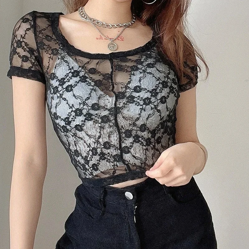 

Summer Sexy Lace See-through Crop Tops Women Y2k O-Neck Short Sleeve Floral Slim Short T-shirts 2024 Cute Tees New Fashion Chic