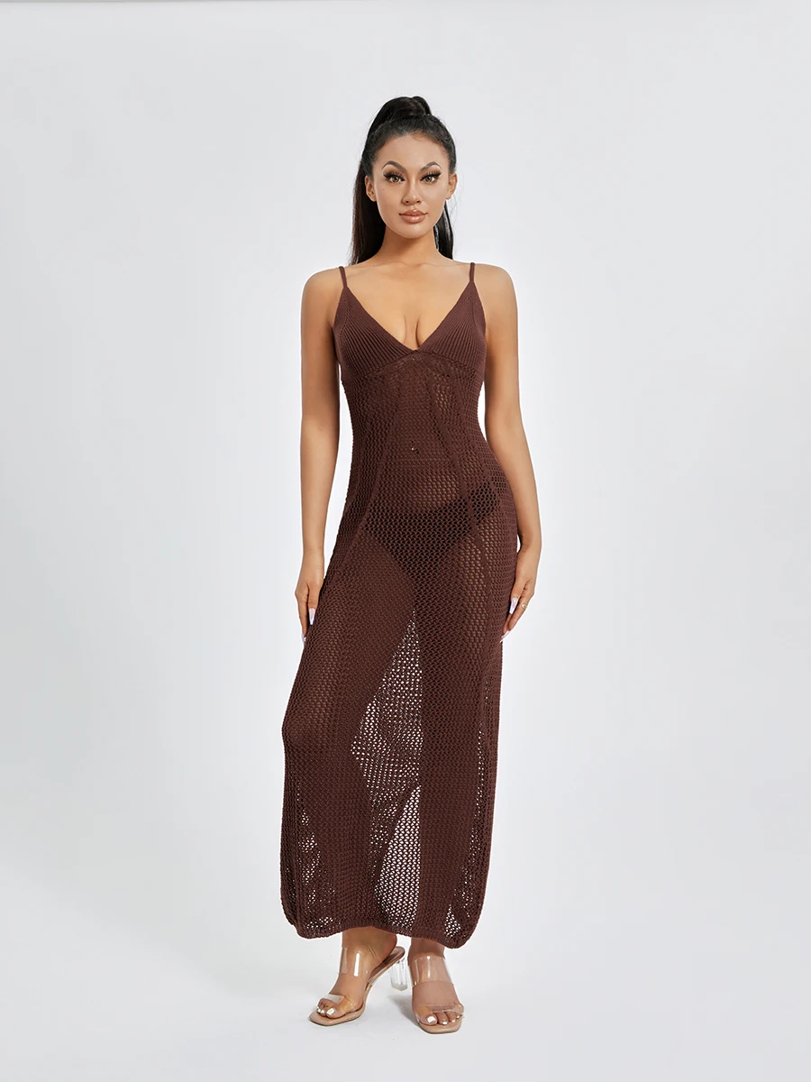 

Women's Sleeveless Sheer Mesh Maxi Dress with Plunging V-Neckline and Open Back for Night Parties and Beachwear Cover up