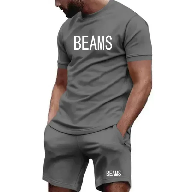 패션 브랜드 BEAMS 남자 티셔츠 + 반바지 2 조각 세트 Tracksuit 남성 캐주얼 여름 짧은 소매 면화 통기성 남성 의류