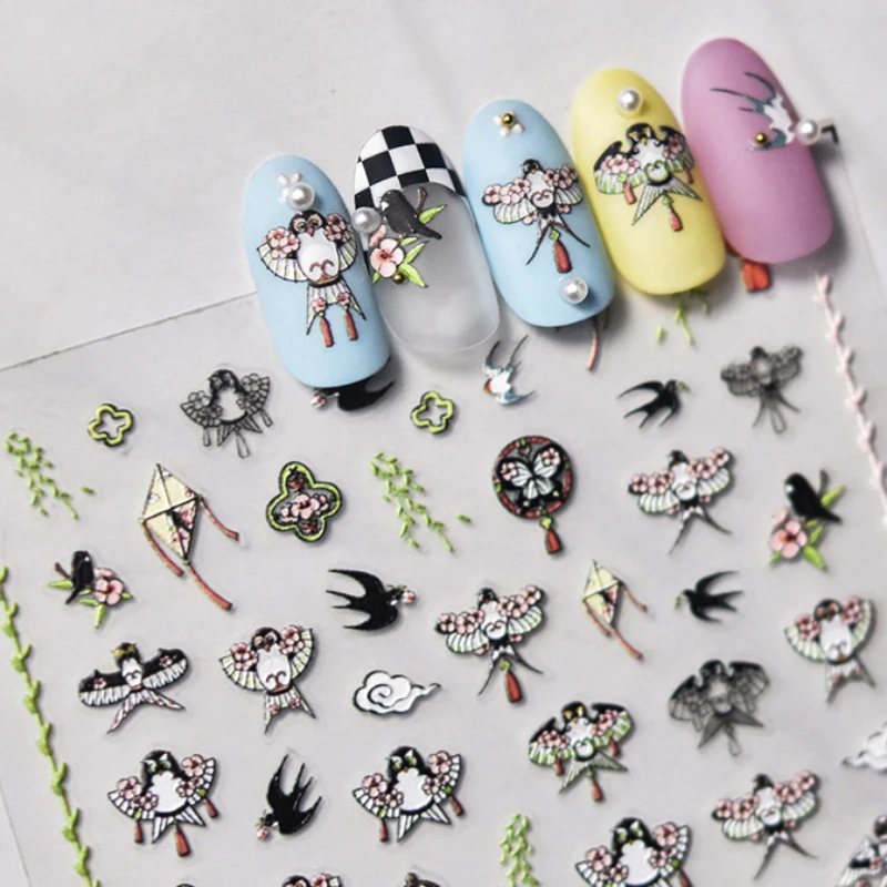 Aquilone Rondine Uccello Cinese Oche Selvatiche Willow Leaf Crane Spring Green Leaf Cloud 3D Autoadesivo Nail Art Sticker Manicure Decalcomanie