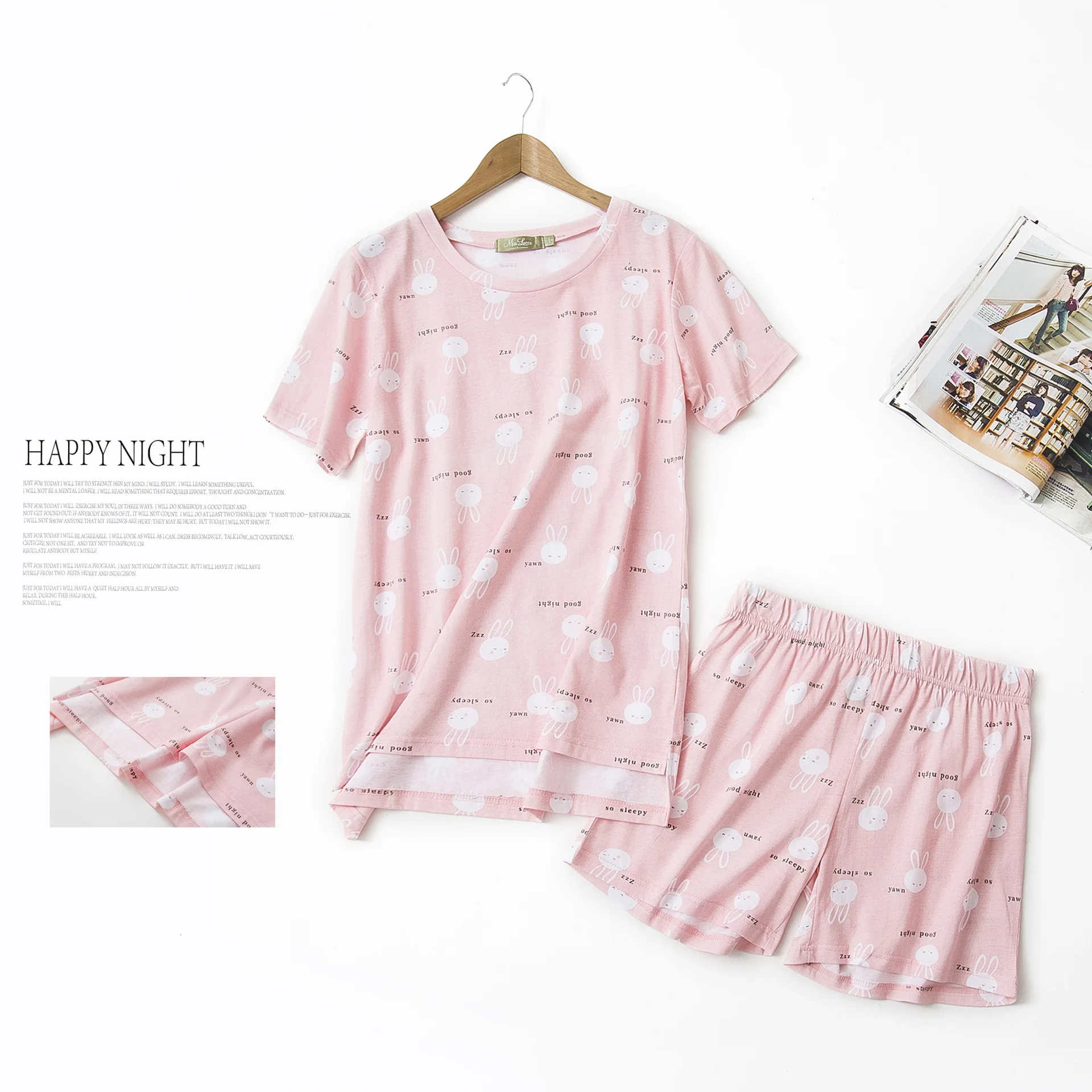 Women Knit Cotton Short Sleeve Cartoon Shorts Pajamas Sets Summer