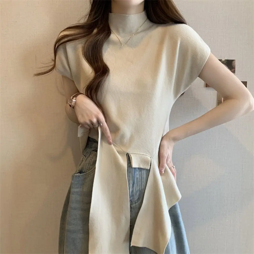 Lace Up Short Sleeve T-shirt Kintwear Chic Y2K Crop Top Women Slim Fit Bottoming Shirt Half High Collar Tees Top Summer