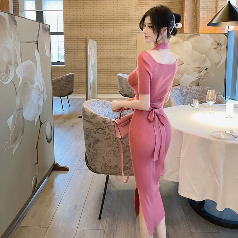 Elegante Vestido De Punto Con Cintura Anudada
