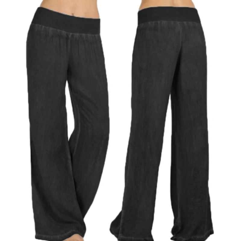 Women Summer Elastic Middle Waist Jeans Yoga Pant Solid Color Casual Baggy Loose Wide Leg Long Denims Trousers N7YE