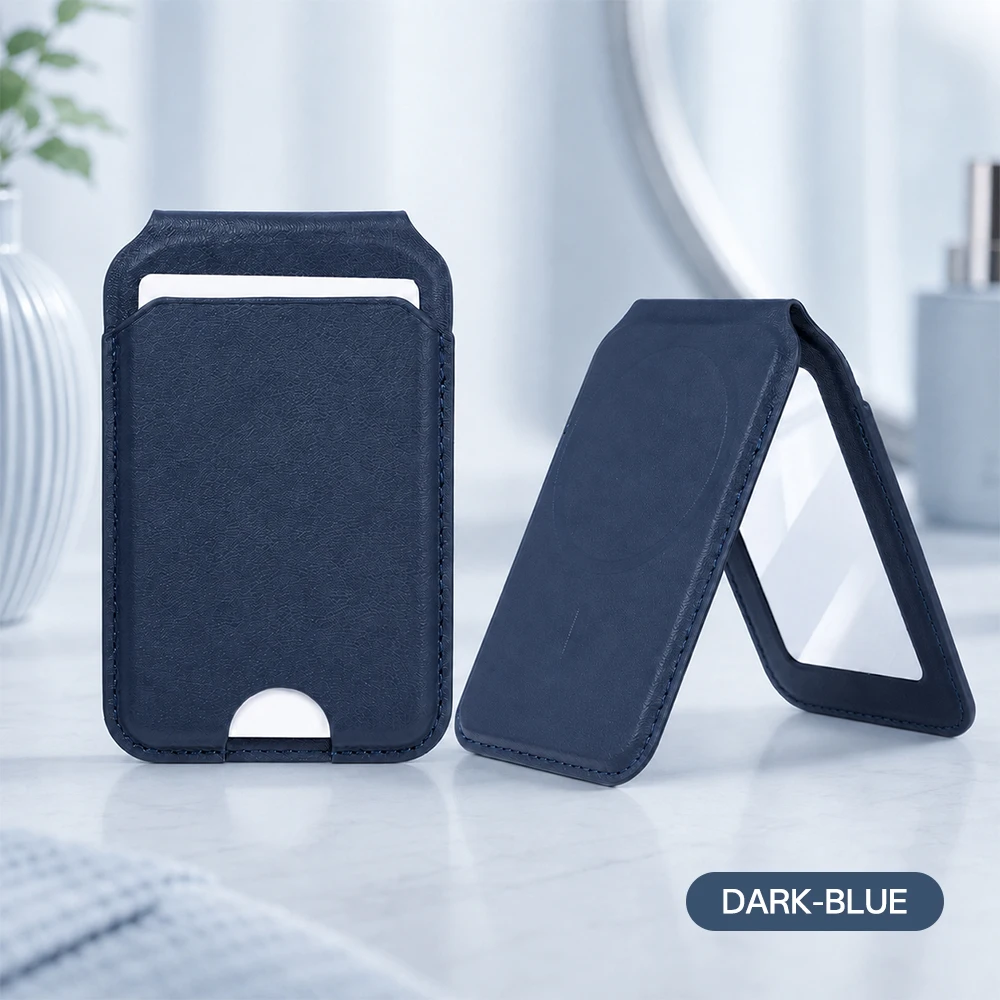 Compact Magnetic Leather Wallet with Mirror, Card Holder, and Foldable Stand