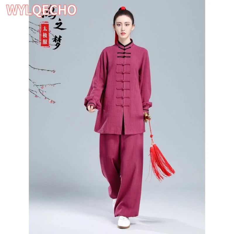 Chinese Tai Chi Uniform Traditional Cotton Linen Wushu Taiji Morning Exercise Team Taichi Stage Performance Kungfu Uniform