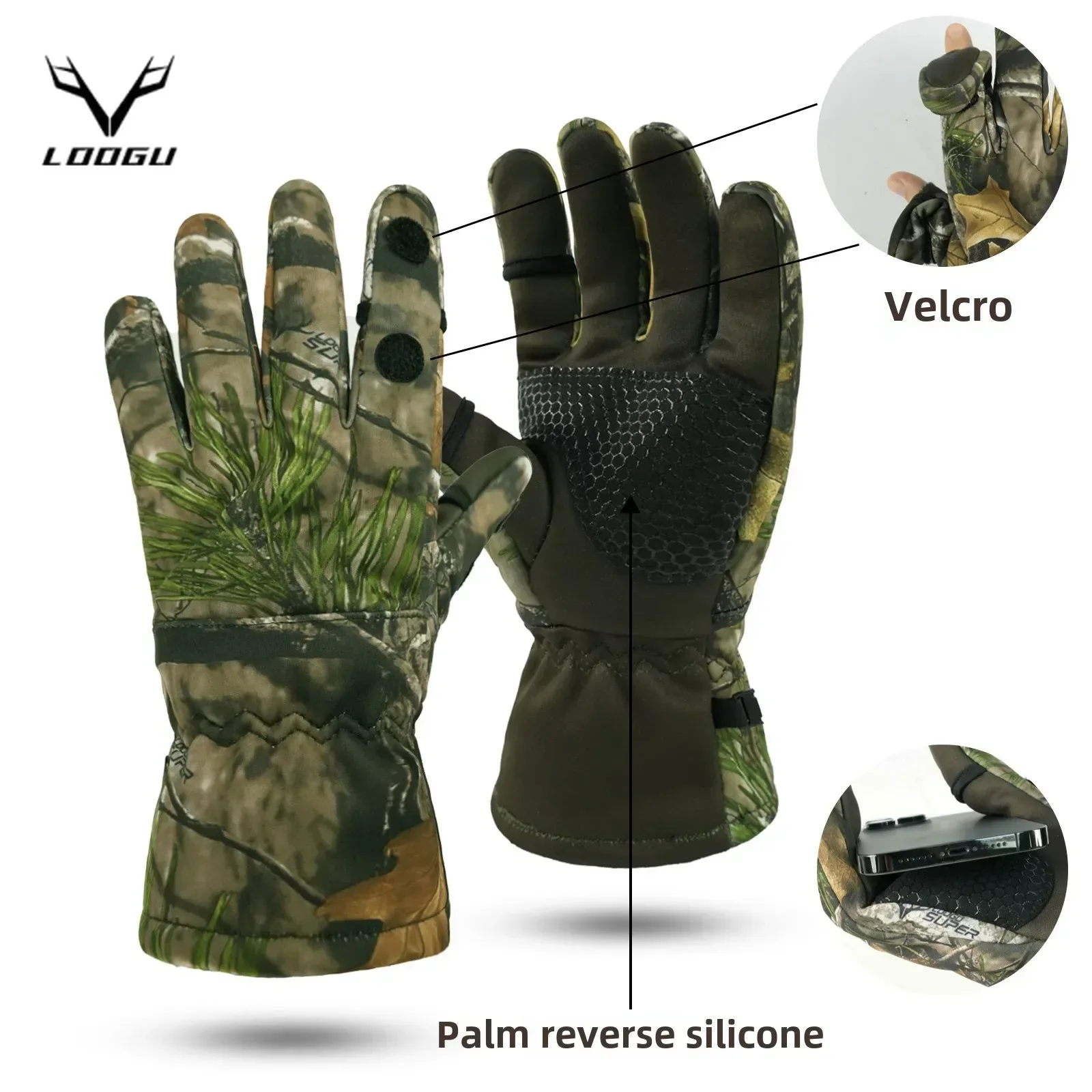 LOOGU Thermal Camo Hunting Gloves-Bionic Design Anti-Slip Waterproof for Fishing & Outdoor Sports Heated Winter Gear Unisex