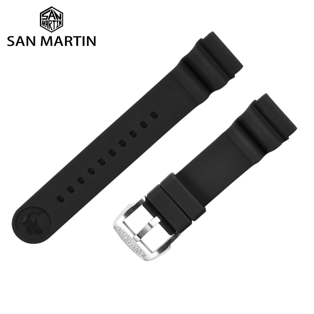 San Martin Watch Parts Fluorine Rubber Strap Waterproof 2022mm Shark Marking High Flexibility