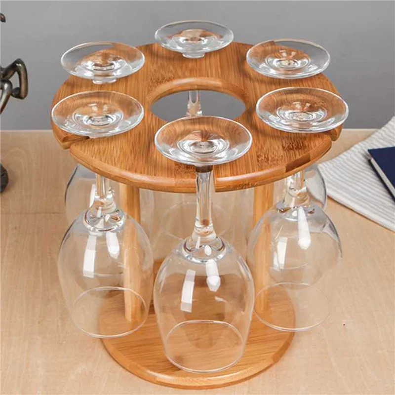6 glass glasses 1 bamboo wine rack Wine Glass Drying Rack Bamboo Storage wine holder home and kitchen JUTUNZHU