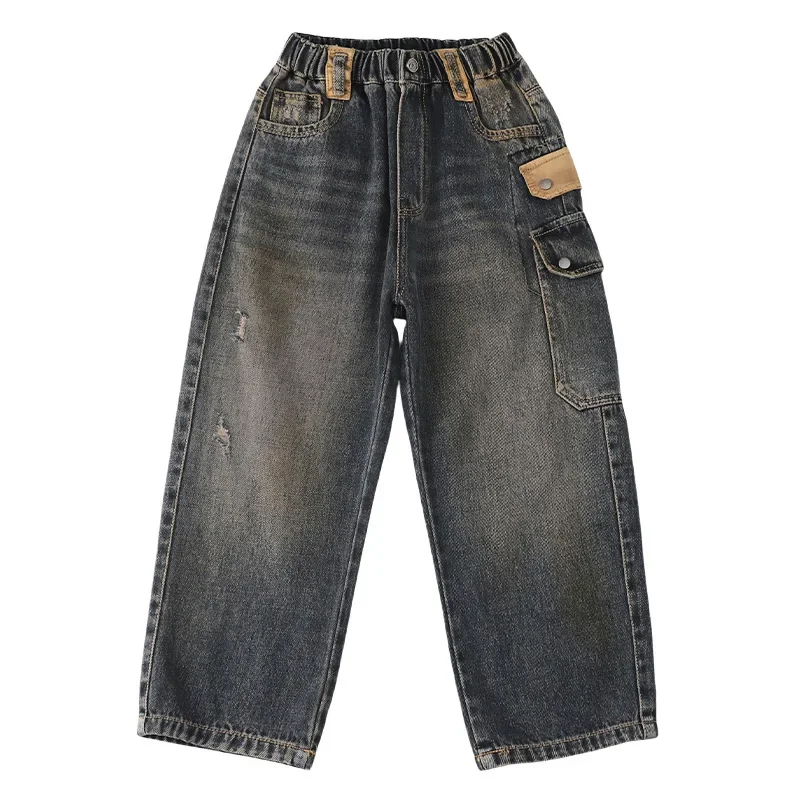 Korean Boys' Jeans Version Of Boys Wide Leg Pants Boys' Jeans Children's Side Pockets Kid Denim Cargo Pants - Image 5
