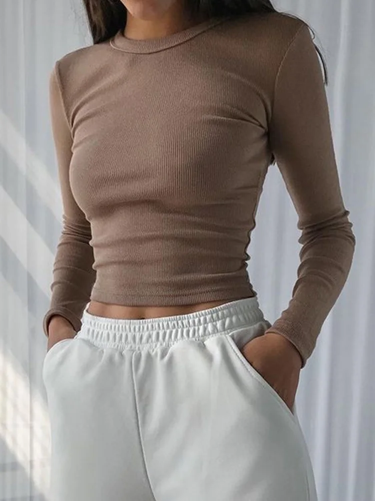 

O Neck Long Sleeve Shirt 2023 Spring Autumn Black Casual Skinny Slim Basic Woman T Shirts White Women Ribbed Sexy Cropped Tops