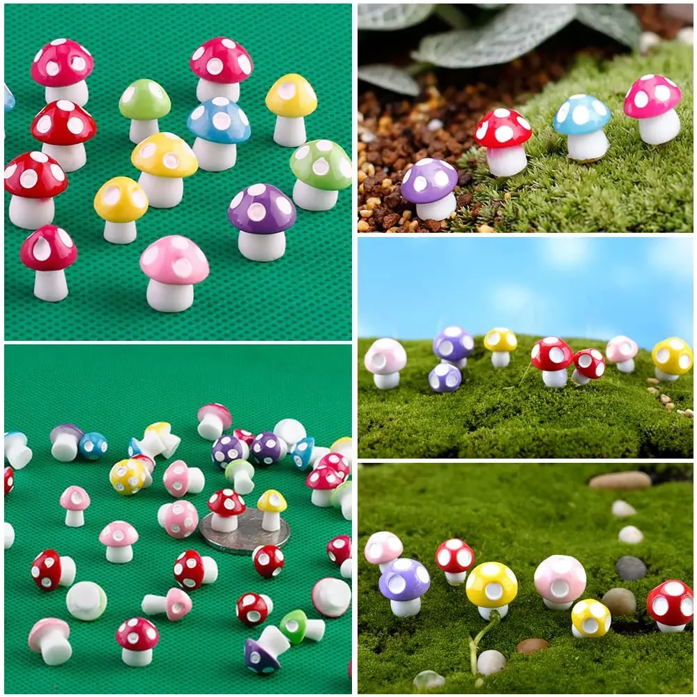 50PCS Colorful Tiny Mushrooms Miniature Figurines Ornament Fairy Garden Moss Landscape Ornaments for Outdoor Decoration