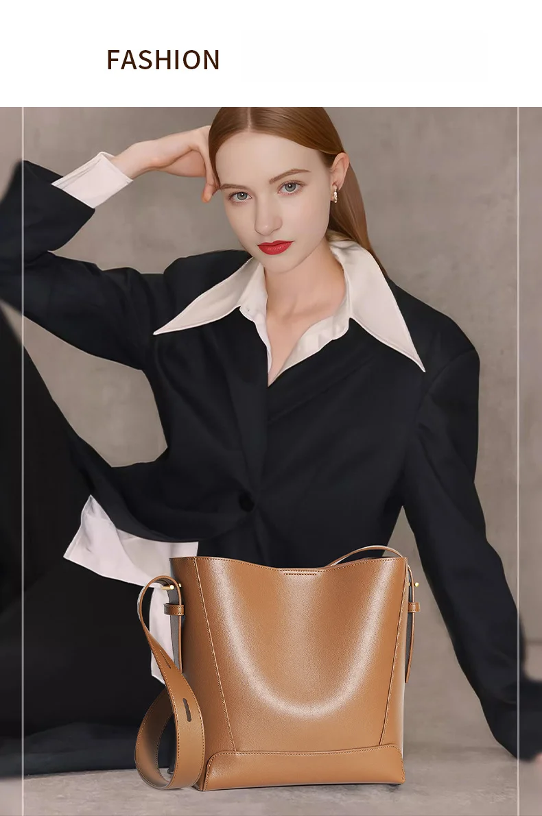 Versatile Commuter Bag, Fashionable Tote Bag, One Shoulder Crossbody Bag, Genuine Leather Women's Premium Bag, Large Capacity One Shoulder Bucket Bag_voghion.com