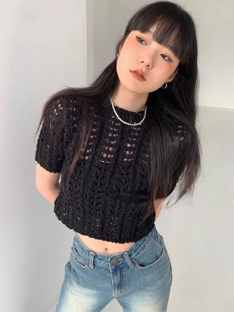 

Harajuku Casual Loose Knitted T-shirt Summer Grunge Hollow Out Solid All Match Tops Y2k Aesthetic Vintage Short Sleeve Crop Top