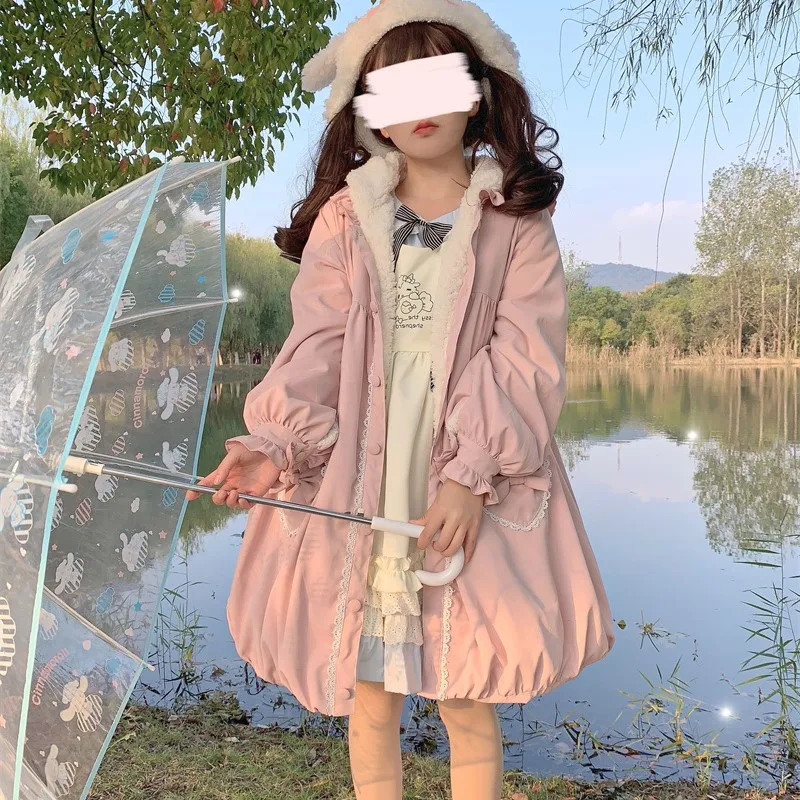 Coat Fleece-Lined Thickened Cotton Clothing Ears Cute Mid-Length Cotton-Padded