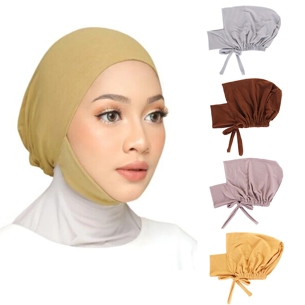 

Muslim Women Undercap Bonnet Turbans Headtie Inner Hijabs Bonnet Elastic Adjustable Cotton Elastic Tie Up Islamic Headscarf