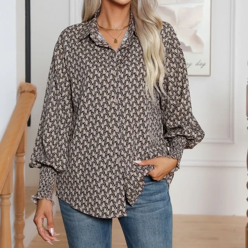 Spring and Autumn Women\'s Solid Color Polo Collar Single Breasted Flare Sleep Geometric Slim Shirt Fashion Casual Formal Tops