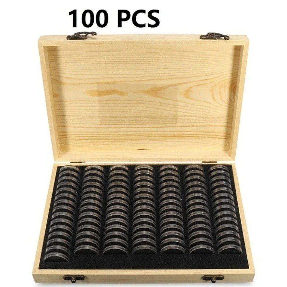 Pine Wood Coin Holder Coins Ring Wooden Storage Box 20/30/50/100pcs Coin Capsules Accommodate Collectible Commemorative Coin Box 6