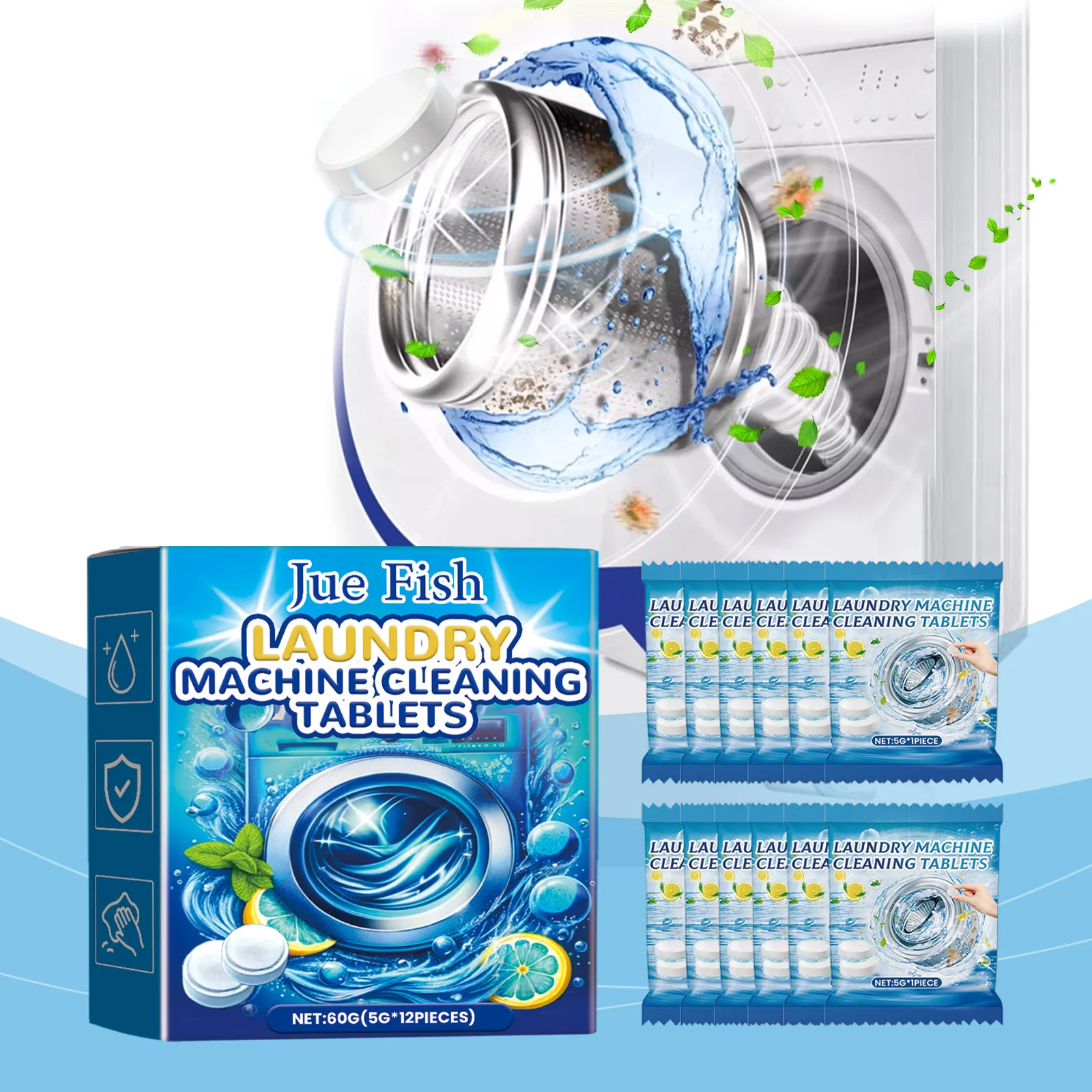 Washing Machine Tablets 12pcs Tablets Washing Machine Effervescent Tablets Cleaner Laundry Deep Cleaning Remove Odor Decontamination