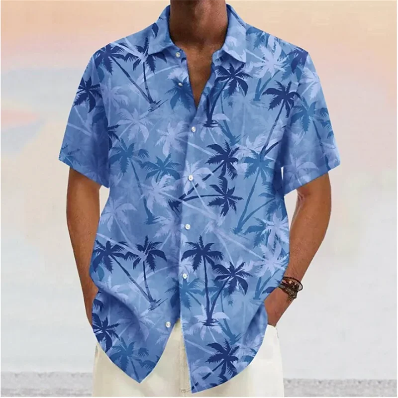 Summer Men's Shirt Blue Coconut Tree Short Sleeve T-Shirt Casual Lapel Printed Shirt for Men Fashion Button Beach Blouse Clothes shorts sun salt sand coconut tree glitter pocket shorts lake blue in blue size l m s