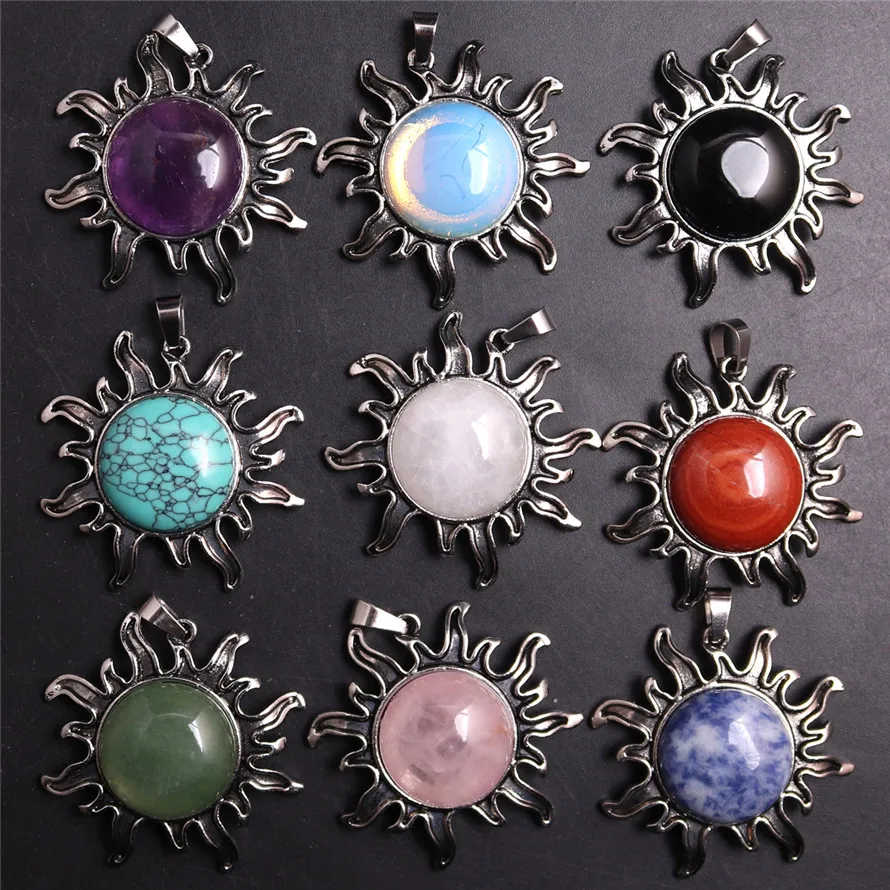 

6pcs/lot Trendy Hot Sell Sunflower Natural Stone Amethyst Green Turquoise Charms Pendants Woman Necklaces For DIY Jewelry Making