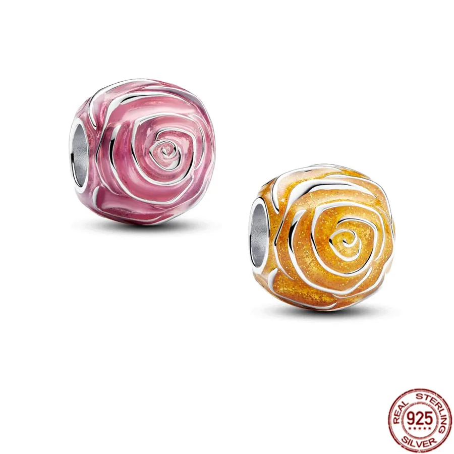 

Colourful 925 Sterling Silver Pink Rose In Bloom Charm & Sparkling Clips Bead Fit Original Pandora Bracelet Fashion Jewelry Gift