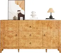 High Gloss Sideboard Buffet Burl Wood 60'' Cabinet Buffet Table with 3 Drawers & 2 Closed Storages, Mid-Century Modern Sideboard 1